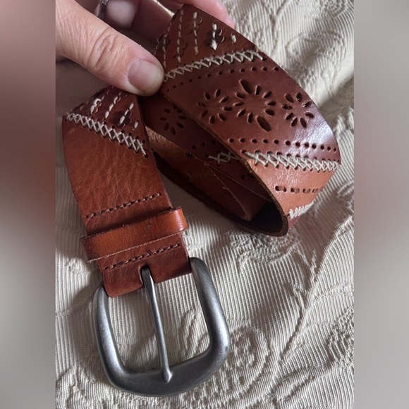 Fossil Accessories - Fossil Embossed Leather Belt Medium Patchwork Flower Studded Brown